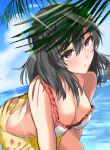  1girl bent_over black_hair blush breasts chuu_sei cleavage cloud cloudy_sky day eyebrows_visible_through_hair hair_between_eyes kantai_collection large_breasts medium_hair ocean palm_tree parted_lips red_eyes sarong sky solo swimsuit tree white_bikini_top yamashiro_(kantai_collection) 