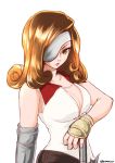 1girl bare_shoulders beatrix belt black_belt breasts brown_eyes brown_hair cleavage closed_mouth collared_shirt commentary drill_hair elbow_gloves eyepatch final_fantasy final_fantasy_ix frown gauntlets gloves holding holding_sword holding_weapon lips long_hair looking_at_viewer medium_breasts medium_hair save_the_queen shirt simple_background sleeveless sleeveless_shirt solo standing sword twitter_username umxzo upper_body weapon white_background white_shirt 