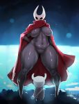  1boy 1girl black_skin blade blush breasts cape cloak donaught full_body helmet hollow_knight hornet_(hollow_knight) horns jujunaught knight_(hollow_knight) large_breasts night size_difference standing thick_thighs thighs weapon white_helmet wide_hips 