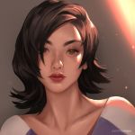  1girl black_hair brown_eyes d.mon_(overwatch) flipped_hair hair_over_one_eye indah_siregar lips looking_at_viewer medium_hair nose overwatch solo twitter_username 