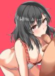  1boy 1girl ass bent_over black_hair blush bottomless breasts butt_crack chuu_sei cleavage eyebrows_visible_through_hair fellatio hetero kantai_collection large_breasts medium_hair oral penis red_background red_eyes simple_background swimsuit testicles veins veiny_penis white_bikini_top yamashiro_(kantai_collection) 