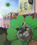  ambiguous_species clothed clothing daria_arbuz detailed_background english_text fur green_eyes hair holidays painting shamrock solo st._patrick&#039;s_day teeth text 