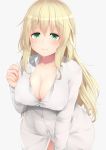  1girl alternate_costume atago_(kantai_collection) bangs blonde_hair blush breasts cleavage collarbone collared_shirt cowboy_shot dress_shirt erect_nipples eyebrows_visible_through_hair eyes_closed green_eyes kantai_collection large_breasts leaning_forward long_hair long_sleeves looking_at_viewer ne_an_ito no_bra no_pants panties shirt sidelocks smile solo underwear white_panties white_shirt wing_collar 