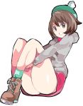  1girl bangs bobblehat boots brown_eyes brown_footwear brown_hair cardigan creatures_(company) enpe eyebrows_visible_through_hair female_protagonist_(pokemon_swsh) game_freak green_hat green_legwear grey_cardigan hair_between_eyes hat highres leg_hug long_sleeves looking_at_viewer miniskirt nintendo pink_skirt pokemon pokemon_(game) pokemon_swsh pom_pom_(clothes) short_hair simple_background sitting skirt smile socks solo tam_o&#039;_shanter thighs white_background 