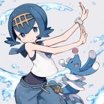  1girl :&gt; baggy_pants bare_shoulders blue_eyes blue_hair blue_pants blue_sailor_collar creatures_(company) eyes_closed fang game_freak gen_7_pokemon hair_between_eyes hairband kuroboshi_kouhaku nintendo open_mouth pants pokemon pokemon_(game) pokemon_sm popplio sailor_collar shirt sleeveless sleeveless_shirt suiren_(pokemon) swimsuit swimsuit_under_clothes water yellow_hairband 