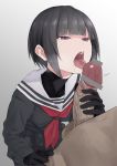  1girl bangs be9459 black_hair blunt_bangs censored eyebrows_visible_through_hair gloves idolmaster idolmaster_cinderella_girls idolmaster_cinderella_girls_starlight_stage licking penis purple_eyes saliva school_uniform shirayuki_chiyo short_hair testicles tongue tongue_out undershirt 