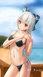  artist_name bare_shoulders beach bikini black_bikini black_bow blue_sky blurry bow breasts closed_mouth cloud collarbone commentary_request cowboy_shot depth_of_field fingers_together girls_frontline hair_bow hands_up highres hill leaning_to_the_side lips long_hair looking_at_viewer midriff navel ocean railing red_eyes side-tie_bikini silver_hair sky small_breasts striped striped_bow swimsuit tokarev_(girls_frontline) wooden_railing xu_ni 