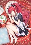  1girl alternate_costume animal_ears cake cat_ears chigusa_asuha cushion enmaided eyes_closed floral_print food food_on_face fork kemonomimi_mode long_hair lying maid maid_headdress no_shoes on_side pillow plate ponytail print_pillow qualidea_code sekiya_asami sleeping solo swiss_roll symbol_commentary wide_ponytail 