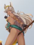  1girl :d alfort_(may0508) animal_ears ass bangs bare_shoulders between_legs black_gloves black_panties blush breasts commentary_request dark_skin eyebrows_visible_through_hair from_side gloves granblue_fantasy green_eyes grey_background grey_hair highres leaning_forward long_hair looking_at_viewer looking_to_the_side medium_breasts nemone open_mouth panties revealing_clothes sideboob simple_background smile solo thighs underwear very_long_hair 