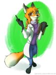  2019 abstract_background amber_(mancoin) anthro barefoot blue_eyes canid canine clipboard clothed clothing dipstick_tail eyewear female fox full-length_portrait glasses green_background heterochromia holding_object lab_coat looking_at_viewer mammal multicolored_tail pen portrait red_eyes red_fox robcivecat signature simple_background solo standing url white_background 