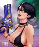  1girl bayonetta bayonetta_(character) bayonetta_2 black_hair breasts glasses gun iurypadilha large_breasts nail_polish short_hair weapon wink 