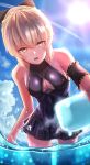  armband artoria_pendragon_(all) artoria_pendragon_(swimsuit_rider_alter) blonde_hair blue_skirt breasts cleavage cloud fate/grand_order fate_(series) foreshortening highres lens_flare looking_down medium_breasts open_mouth pasoputi saber_alter skirt sweat swimsuit swimsuit_skirt wading yellow_eyes 