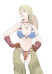  1girl alternate_costume bangs bikini blonde_hair blue_bikini blue_eyes blush breasts cammy_white capcom chaps cleavage coelacanth_(gyotaku) collarbone company_connection cosplay cowboy_hat crossover demento earrings facial_scar fiona_belli fiona_belli_(cosplay) gloves hands_on_hips hat highres jewelry medium_breasts necklace pendant red_gloves scar short_hair solo spaghetti_strap strap_gap street_fighter street_fighter_v swimsuit 