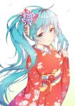  1girl :3 aqua_eyes aqua_hair closed_mouth commentary_request floating_hair floral_print flower gradient gradient_background hair_flower hair_ornament hatsune_miku japanese_clothes kimono long_hair obi petals red_kimono red_ribbon revision ribbon sash solo tp_(kido_94) twintails very_long_hair vocaloid 