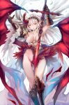  1girl armpits bare_shoulders bottomless camisole collarbone covering_nipples dark_jeanne demon_wings detached_sleeves feathers gauntlets granblue_fantasy greaves groin hair_feathers hairband heri jeanne_d&#039;arc_(granblue_fantasy) long_hair looking_at_viewer navel red_eyes skirt solo sword weapon white_hair wings 