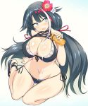  1girl alternate_costume applying_sunscreen arm_support azur_lane bangs bare_shoulders bikini black_bikini black_footwear black_hair black_nails blue_background blue_eyes blush bottle breasts cleavage curvy deutschland_(azur_lane) eyebrows_visible_through_hair flower front-tie_bikini front-tie_top full_body groin hair_flaps hair_flower hair_ornament hair_ribbon hibiscus highleg highleg_bikini highres holding holding_bottle large_breasts long_hair looking_to_the_side lotion low_twintails multicolored_hair nail_polish navel open_mouth red_flower red_hair red_ribbon ribbon sandals shadow shiny shiny_skin side-tie_bikini sidelocks simple_background sitting smile solo streaked_hair sunscreen swimsuit thigh_gap thighs twintails wariza wedge white_background white_flower white_hair wide_hips 