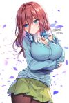  1girl artist_name blue_eyes blue_sweater blush breasts brown_legwear cleavage closed_mouth collarbone commentary_request eyebrows_visible_through_hair eyes_visible_through_hair go-toubun_no_hanayome green_skirt hair_between_eyes headphones headphones_around_neck highres korean_commentary large_breasts long_hair looking_to_the_side maett nakano_miku pantyhose petals pleated_skirt pout red_hair school_uniform shirt sidelocks simple_background skirt solo standing sweater white_shirt 