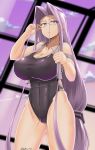  1girl adjusting_eyewear bare_shoulders black_swimsuit breasts cloud collarbone commentary_request covered_navel erect_nipples fate/stay_night fate_(series) hair_intakes highres huge_breasts long_hair looking_at_viewer one-piece_swimsuit purple_eyes purple_hair rei_no_pool rider saizu_nitou_gunsou signature sky solo swimsuit thighs tied_hair very_long_hair 