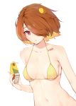  1girl :o absurdres bare_arms bare_shoulders breasts brown_hair collarbone commentary commentary_request dot_nose english_commentary fei_mao food fruit hair_ornament hair_over_one_eye highres holding_drink lemon lemon_slice looking_at_viewer navel one_eye_covered original red_eyes short_hair simple_background small_breasts solo swimsuit tattoo upper_body white_background yellow_bikini_top 