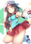  1girl aqua_shirt bag blue_(pokemon) blush breasts brown_eyes brown_hair creatures_(company) game_freak hat high_heels highres looking_at_viewer messenger_bag nintendo outstretched_arm pleated_skirt poke_ball pokemon pokemon_(game) pokemon_frlg racket_ti1 red_skirt shirt shoulder_bag sideboob skirt sleeveless sleeveless_shirt smile socks solo sun_hat super_smash_bros. thick_thighs thighs wristband 