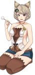  1girl animal_ears bangs breasts collarbone commentary_request erune granblue_fantasy hair_ornament holding lap_pillow lap_pillow_invitation looking_at_viewer medium_breasts michihasu mimikaki mole mole_under_mouth open_mouth seiza short_hair sitting smile solo sutera_(granblue_fantasy) thighhighs 