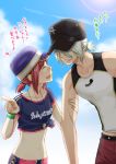  1boy 1girl arm_grab bikini_shorts black_hat blue_hat blue_shirt blue_sky blurry blurry_background clenched_teeth cloud collarbone day dezel_(tales) eyebrows_visible_through_hair eyes_closed feather_print hat leaning_forward midriff navel outdoors pants print_shirt red_hair red_pants red_shorts rose_(tales) saklo shirt short_hair short_ponytail short_sleeves shorts silver_hair sky sleeves standing stomach sweatdrop tales_of_(series) tales_of_zestiria tank_top teeth tied_shirt whistle wristband 