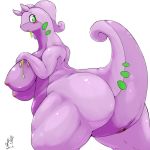  anus b_cottontail big_breasts big_butt blush breasts butt female goodra green_eyes hi_res huge_breasts looking_back nintendo pok&eacute;mon pok&eacute;mon_(species) pussy semi-anthro simple_background slightly_chubby solo thick_thighs video_games white_background wide_hips 