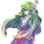  1boy closed_mouth collarbone elazul eye_contact eyebrows_visible_through_hair facing_viewer feathers gem green_eyes green_hair hair_between_eyes hair_over_eyes hair_over_one_eye hat jewelry legend_of_mana looking_at_another looking_at_viewer male_focus seiken_densetsu short_hair simple_background smile solo solo_focus standing tunic white_background yuzucha 