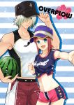  1boy 1girl baseball_cap bikini_shorts black_hat blue_shirt collarbone cowboy_shot dezel_(tales) flower green_eyes hair_over_one_eye hat hibiscus looking_at_viewer midriff navel outstretched_arm pants print_shirt purple_hat red_flower red_hair red_pants red_shorts rose_(tales) saklo shirt short_hair short_shorts short_sleeves shorts silver_hair sleeveless sleeveless_shirt standing stomach striped striped_background tales_of_(series) tales_of_zestiria tied_shirt whistle white_shirt wristband 