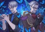  2boys adjusting_clothes adjusting_gloves aiguillette black_gloves blue_background blue_eyes bug butterfly facial_hair fate/grand_order fate_(series) glasses gloves grey_hair hair_strand highres holding insect james_moriarty_(fate/grand_order) looking_at_viewer male_focus mashu_003 multiple_boys mustache necktie old_man smile upper_body vest 