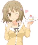  1girl ;t bangs breasts brown_eyes brown_hair brown_outline brown_shirt cake closed_mouth collarbone collared_shirt commentary_request dress_shirt eating eyebrows_visible_through_hair flower food food_on_face fruit hair_between_eyes hair_flower hair_ornament holding holding_plate idolmaster idolmaster_cinderella_girls medium_breasts mimura_kanako off-shoulder_shirt off_shoulder one_eye_closed plate purple_flower shino_megumi shirt smile solo strawberry upper_body white_background 