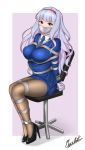  1girl bdsm bondage bound breast_bondage breasts chair cuffs gag gagged hairband high_heels highres idolmaster idolmaster_(classic) improvised_gag jinhw2004 large_breasts long_hair necktie office_chair pantyhose shijou_takane signature silver_hair sitting skirt tape tape_gag taped_fingers tears uniform 