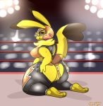  anthro anus big_butt breasts butt cleft_tail clitoris clothed clothing cosplay_pikachu female fur hi_res looking_at_viewer nintendo pikachu pikachu_libre pok&eacute;mon pok&eacute;mon_(species) presenting presenting_hindquarters pussy smile thick_thighs video_games wide_hips wingedwilly yellow_fur 