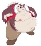 anthro bared_teeth belly belly_jiggle belly_overhang big_belly brown_fur canid canine canis clothed clothing double_chin eye_scar fist fur gokrakstyle hi_res male mammal moobs navel nipples obese obese_male open_shirt overweight overweight_male scar simple_background snarling solo standing teeth vest white_background 