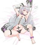  1girl bangs bed bed_sheet breasts eyebrows_visible_through_hair highres long_hair looking_at_viewer lying navel on_back on_bed open_mouth panties pubic_tattoo red_eyes silver_hair skindentation small_breasts solo spread_legs stomach suisogenshi tattoo two_side_up underwear 