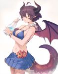  1girl ahoge bangs bare_arms bare_shoulders blue_bikini_top blue_skirt bracelet breasts brown_hair choker cleavage collarbone cowboy_shot cup dragon_girl dragon_horns dragon_tail dragon_wings drinking_straw flower granblue_fantasy grea_(shingeki_no_bahamut) groin hair_between_eyes hand_up hibiscus holding holding_cup horns hurricane_glass jewelry large_breasts light_particles manaria_friends miniskirt nagu navel parted_lips pleated_skirt pointy_ears red_eyes red_flower ribbon_choker shingeki_no_bahamut short_hair sidelocks skirt solo standing stomach tail thighs tropical_drink white_background white_choker wings 