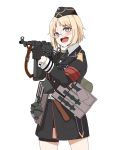  1girl ammunition armband blonde_hair blush explosive girls_frontline glasses grenade gun hat highres inglourious_basterds military military_hat military_uniform mp40 mp40_(girls_frontline) necktie perfect_han purple_eyes solo stick_grenade submachine_gun uniform weapon wehrmacht white_background 