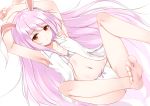 1girl animal_ears armpits arms_up bangs bare_arms bare_legs bare_shoulders barefoot blush bow bow_panties bra breasts bunny_ears collarbone commentary eyebrows_visible_through_hair feet_out_of_frame flan_(seeyouflan) highres knees_up long_hair looking_at_viewer navel open_clothes open_shirt panties pink_bow pink_hair red_eyes reisen_udongein_inaba shirt simple_background sleeveless sleeveless_shirt small_breasts solo stomach thighs torn_clothes torn_shirt touhou underwear very_long_hair white_background white_bra white_panties white_shirt 