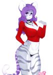  2019 anthro big_breasts blushstroke breasts choker clothing digital_media_(artwork) felid female fur grey_fur hair hand_on_hip heart_nose hi_res jewelry long_hair looking_at_viewer mammal nanelle_(blushstroke) navel necklace pantherine purple_eyes purple_fur purple_hair purple_nose shirt simple_background solo stripes thong tiger white_background white_fur 