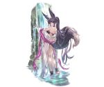  animal_ears ass bangs bikini black_bikini black_hair blunt_bangs closed_mouth day erune fox_ears fox_tail full_body fur_trim granblue_fantasy long_hair looking_at_viewer looking_back minaba_hideo open_clothes open_robe outdoors ponytail red_eyes robe see-through smile standing swimsuit tail very_long_hair water waterfall wet wet_clothes white_robe yuel_(granblue_fantasy) 