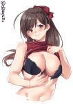  1girl ahoge bangs black_bra blush bow bra breasts brown_hair cleavage closed_mouth collarbone commentary_request ebifurya eyebrows_visible_through_hair hair_between_eyes hair_bow hair_ornament hairclip highres kantai_collection lace lace-trimmed_bra large_breasts long_hair looking_at_viewer mamiya_(kantai_collection) purple_eyes red_bow simple_background sleeveless smile twitter_username underwear undressing white_background 