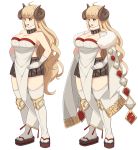 ahoge anila_(granblue_fantasy) bangs blonde_hair blunt_bangs breasts commentary_request curvy draph eyebrows eyebrows_visible_through_hair fur_trim gloves granblue_fantasy hand_on_hip highres horns large_breasts long_hair michihasu oppai_loli pointy_ears sheep sheep_horns short_eyebrows thick_eyebrows wavy_hair white_gloves yellow_eyes 