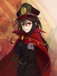  1girl belt black_belt black_hair black_hat black_jacket blush cape commentary_request fate/grand_order fate_(series) gloves grey_gloves hair_between_eyes hat highres jacket long_hair looking_at_viewer oda_nobunaga_(fate) peaked_cap pixiv_fate/grand_order_contest_2 red_cape red_eyes smile solo upper_body xjx 