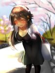  1girl :d alternate_costume anchor_symbol arms_behind_back bag bangs black_dress black_hair black_legwear blue_sky blurry blurry_background blush breasts cherry_blossoms cleavage collarbone day dress eyes_closed facing_viewer hair_between_eyes hair_ornament hairband hairclip haruna_(kantai_collection) highres holding holding_bag jacket jewelry kantai_collection large_breasts leaning_forward long_hair looking_at_viewer necklace open_clothes open_jacket open_mouth outdoors pantyhose remodel_(kantai_collection) sidelocks sky smile solo swept_bangs tree tsukui_kachou white_jacket 