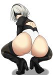  1girl absurdres android ass black_hairband blindfold boots crouching from_behind hairband high_heel_boots high_heels highres huge_ass leotard looking_back nier_(series) nier_automata shiny shiny_skin short_hair silver_hair solo thigh_boots thighhighs thong_leotard yorha_no._2_type_b yulia 