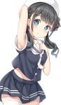  1girl :o arm_up armpits bangs beret black_hair black_shirt black_skirt blue_eyes blush bow brown_bow bunny_hair_ornament commentary_request cowboy_shot dress_shirt eyebrows_visible_through_hair hair_ornament hairclip hat keiran_(ryo170) long_hair looking_at_viewer original parted_lips pleated_skirt sailor_collar school_uniform serafuku shirt short_sleeves skirt solo thighhighs twintails white_legwear white_neckwear white_sailor_collar witch_hat 