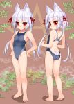  1girl animal_ear_fluff animal_ears ass backless_outfit bangs bare_arms bare_legs bare_shoulders barefoot blue_swimsuit blunt_bangs blush breasts brown_background commentary_request competition_swimsuit erect_nipples eyebrows_visible_through_hair fox_ears fox_girl fox_tail groin hair_ribbon highres long_hair looking_at_viewer multiple_tails multiple_views one-piece_swimsuit original pentagram red_eyes red_ribbon ribbon sidelocks silver_hair small_breasts smoke standing suzune_rai swimsuit tail very_long_hair 