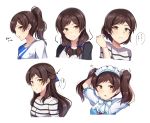  1girl alternate_costume alternate_hair_length alternate_hairstyle black_rabbit brown_eyes brown_hair collarbone cropped_torso enmaided eyebrows_visible_through_hair floating_hair hair_ornament hair_over_shoulder hair_scrunchie high_ponytail highres idolmaster idolmaster_million_live! kitazawa_shiho long_hair looking_at_viewer low_twintails maid maid_headdress open_mouth print_shirt purple_scrunchie scrunchie shiny shiny_hair shirt short_hair short_sleeves shorts simple_background smile speech_bubble striped striped_scrunchie striped_shirt sweatdrop twintails tying_hair very_long_hair white_background white_neckwear white_shorts yellow_eyes 