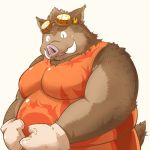  2013 anthro ast belly blush brown_fur clothing fur gloves humanoid_hands male mammal overweight overweight_male shirt simple_background solo suid suina sus_(pig) tusks white_background wild_boar 