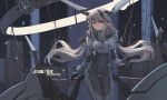  1girl black_gloves blue_eyes bodysuit breasts floating_hair gloves grey_hair highres j-10b mecha_musume military original personification pointy_ears sima_naoteng skin_tight smile 